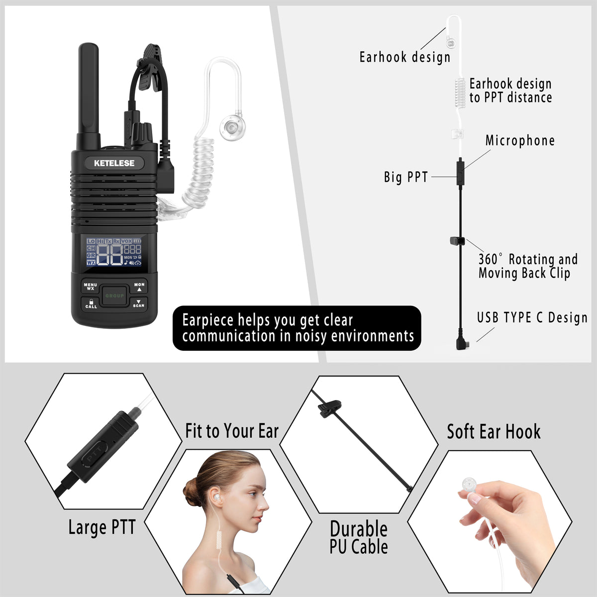 T1 USB C Walkie Talkie Earpiece with Mic-Black