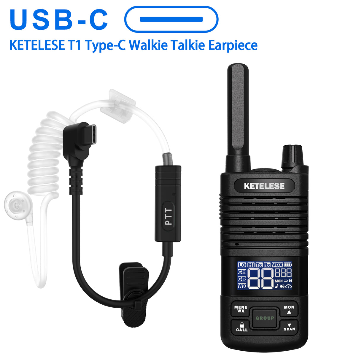 T1 USB C Walkie Talkie Earpiece with Mic-Black