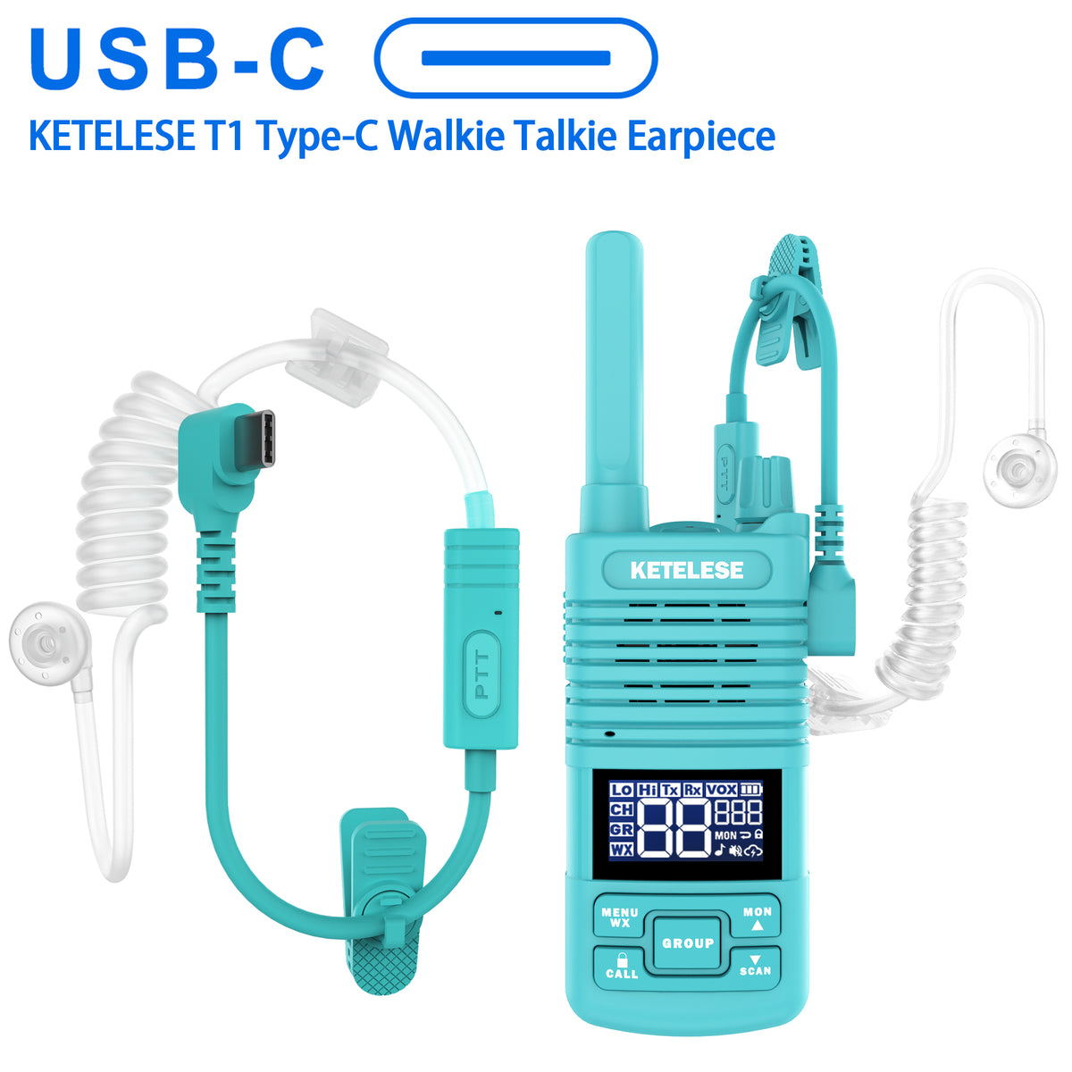 T1 USB C Walkie Talkie Earpiece with Mic-Blue